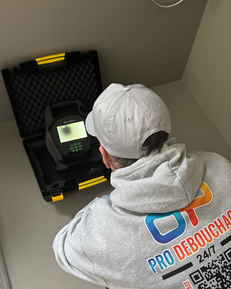 Moniteur de la caméra d'inspection et technicien en tenue Pro Débouchage.