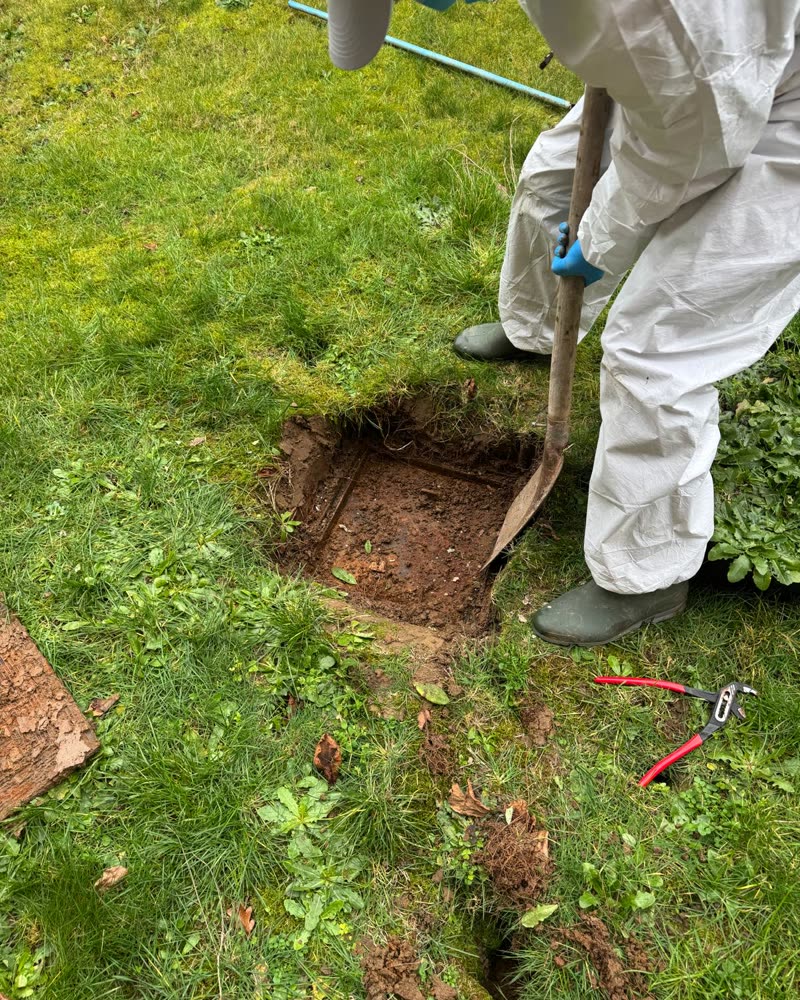 Ouverture d'une chambre de visite enterrée dans un jardin.