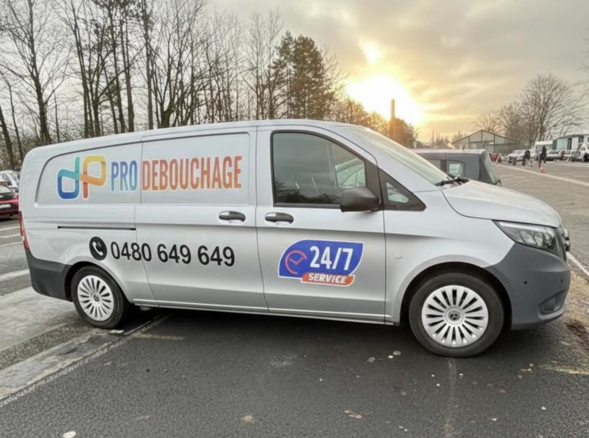 La camionnette Pro Débouchage au lever du jour, le numéro 0480 649 649 sur le flanc.